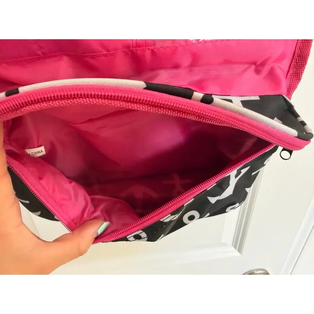 NWT Hanging Travel Toiletry Cosmetic Roll Up Bag Black White Anchor Pink